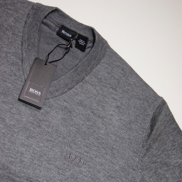 New Hugo Boss Sweater V neck Gray Wool Sweater Pullover